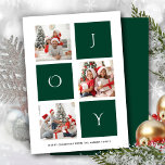 JOY Modern Grönt Roligt Script Photo Collage Simag Julkort<br><div class="desc">Skicka semesterhälsningar med anpassade och personlig till vänner, kolleger och familj i enkla, chic, elegant och modern 3-fotosamlingskarta, fräcka, naturliga minimalistiska stil-kort! En tre fotokollage som omges av ord " glädje " i modern grönt typografi visas framför dig. Under kalligrafin visas anpassningsbarnas hälsning-meddelande från din familj namn i modern typografi....</div>