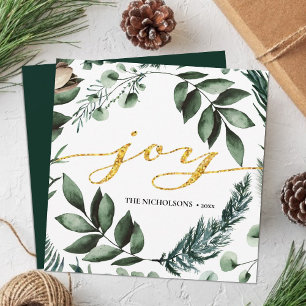 JOY Modern Guld Script Magnolia Blommigt Gräs Boug Julkort