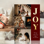 Joy Modern Red Guld jul 3 Photo Collage<br><div class="desc">Joy Modern Red Guld jul 3 Photo Collage Real Foil Helgdag Card. Skicka semesterhälsningar med foton till dina nära och kära med det här festliga och moderna Helgdag. Alla texterna är i förväg ordnade så att du enkelt och snabbt kan anpassa dig med dina egna detaljer. Glad helg!</div>