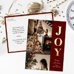 Joy Modern Red Guld jul 3 Photo Collage<br><div class="desc">Joy Modern Red Guld jul 3 Photo Collage Modern Real Foil Helgdag Postcard. Skicka semesterhälsningar till dina kära med det här festliga och moderna Helgdag Card. Alla texterna är i förväg ordnade så att du enkelt och snabbt kan anpassa dig med dina egna detaljer. Glad helg!</div>