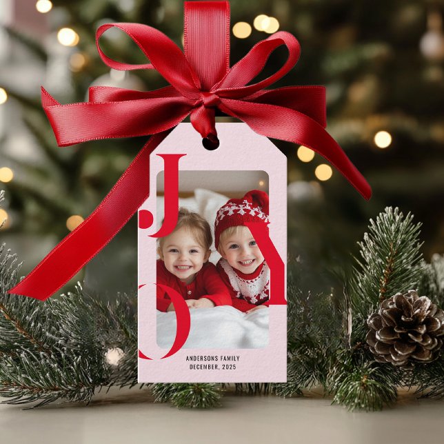 JOY | Modern Red & Rosa-julfotfoto Gift Presentetikett (Skapare uppladdad)