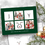 JOY Modern Roligt Script Photo Collage Whimsical H Vykort<br><div class="desc">Skicka semesterhälsningar med anpassade och personlig till vänner, kolleger och familj i enkla, chic, elegant och modern 3-fotosamlingskarta, fräcka, naturliga minimalistiska stil-kort! På framsidan finns en tre fotokollage som omges av ord " glädje " med ett sött renare ansikte i modern typografi, med en vacker grönt. Under kalligrafin visas anpassningsbarnas...</div>
