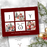 JOY Modern Roligt Script Photo Collage Whimsical H Vykort<br><div class="desc">Skicka semesterhälsningar med anpassade och personlig till vänner, kolleger och familj i enkla, chic, elegant och modern 3-fotosamlingskarta, fräcka, naturliga minimalistiska stil-kort! På framsidan finns en tre fotokollage omgiven av ord " glädje " med ett sött renare ansikte i modern typografi, med en vacker maronröd bakgrund. Under kalligrafin visas anpassningsbarnas...</div>