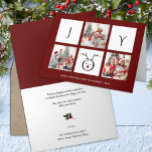 JOY Modern Roligt Script Photo Collage Whimsical Helgkort<br><div class="desc">Skicka semesterhälsningar med anpassade och personlig till vänner, kolleger och familj i enkla, chic, elegant och modern 3-fotosamlingskarta, fräcka, naturliga minimalistiska stil-kort! På framsidan finns en tre fotokollage omgiven av ord " glädje " med ett sött renare ansikte i modern typografi, med en vacker maronröd bakgrund. Under kalligrafin visas anpassningsbarnas...</div>