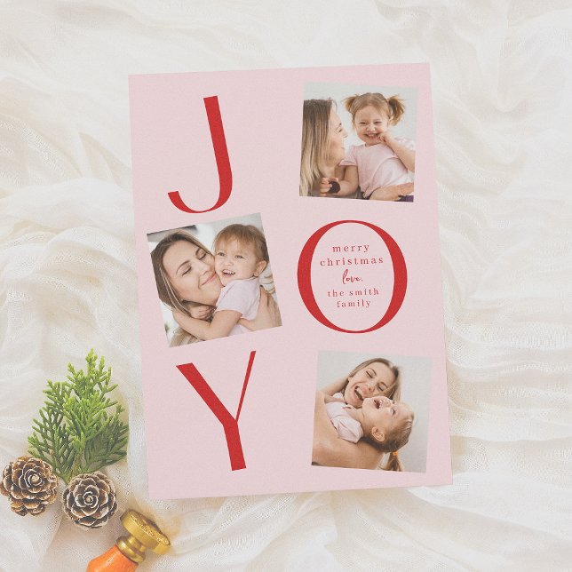 Joy | Modern Rosa och röd 3-fotomul Helgkort (Skapare uppladdad)