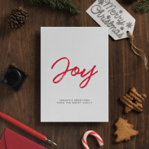 Joy, modernt rött och vitt julkort