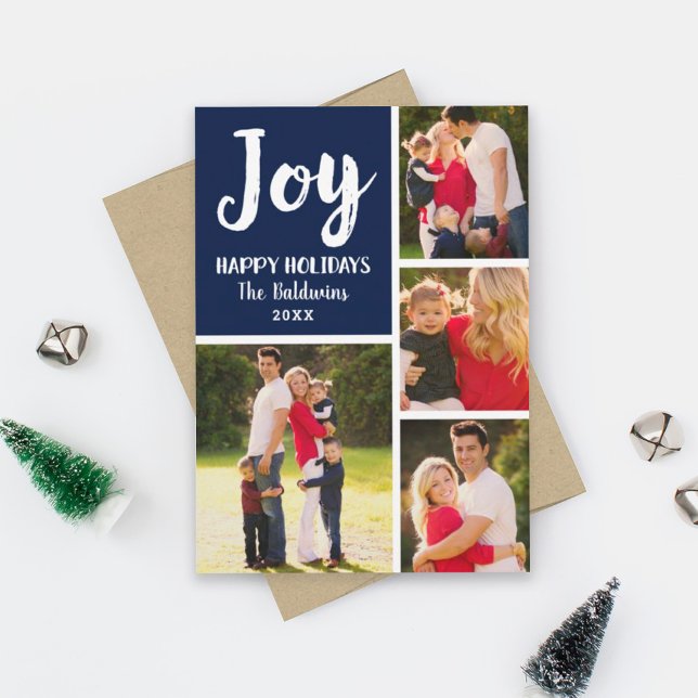 Joy Navy Blue Brushed-skript Photo Collage Julkort (Skapare uppladdad)