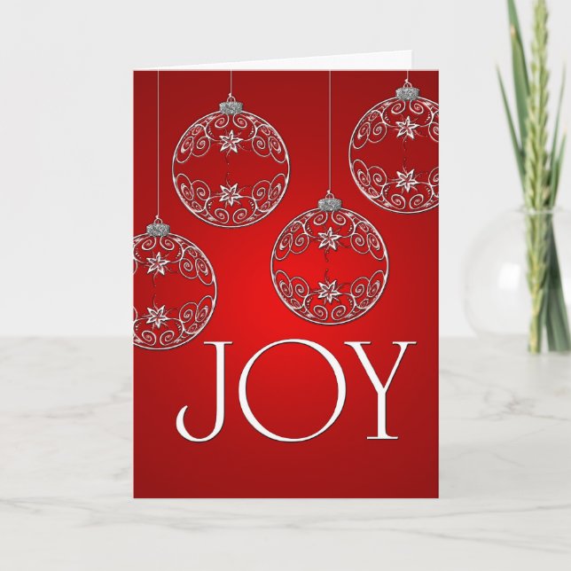 Joy Ornaments on ruby Red elegant Helgkort (Framsida)