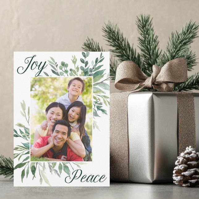 Joy Peace Elegant Botanical Grey Family Photo Julkort (Skapare uppladdad)