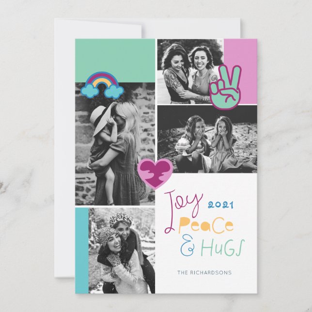 Joy Peace & Hugs Roligt jul Emoji Photo Collage Julkort (Framsida)