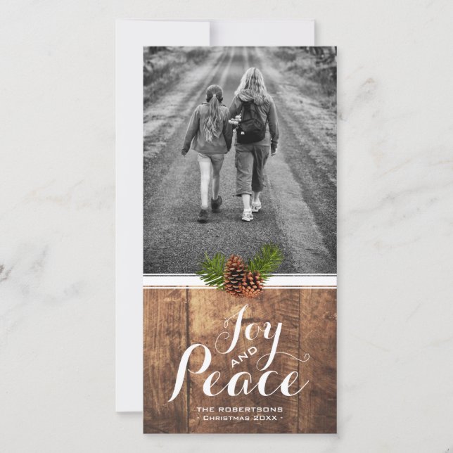 Joy Peace jul Önskemål Photo Wood Pinecones Julkort (Framsida)