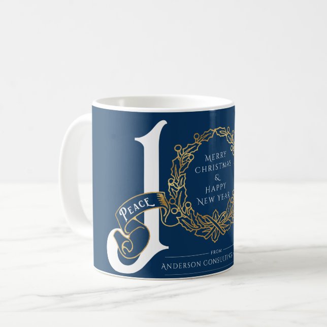 Joy Peace Kärlek Blue Guld Corporate jul Gift Kaffemugg (Framsida vänster)