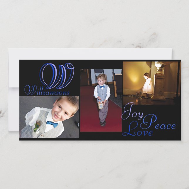 Joy Peace Kärlek Collage Photo Card i blått Julkort (Framsida)