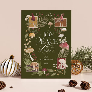 Joy Peace Kärlek Watercolor Woodsy Mushroom Photo Julkort
