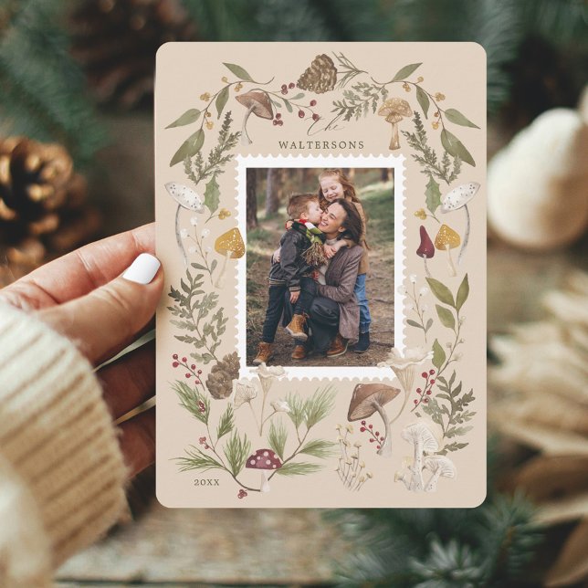 Joy Peace Kärlek Watercolor Woodsy Mushroom Photo Julkort (Skapare uppladdad)