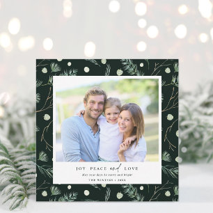 Joy Peace Kärlek Winter Greenery Photo Square Julkort