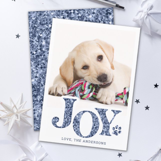 JOY Personlig Pet Photo Blue Paw Print Hund Julkort (Skapare uppladdad)