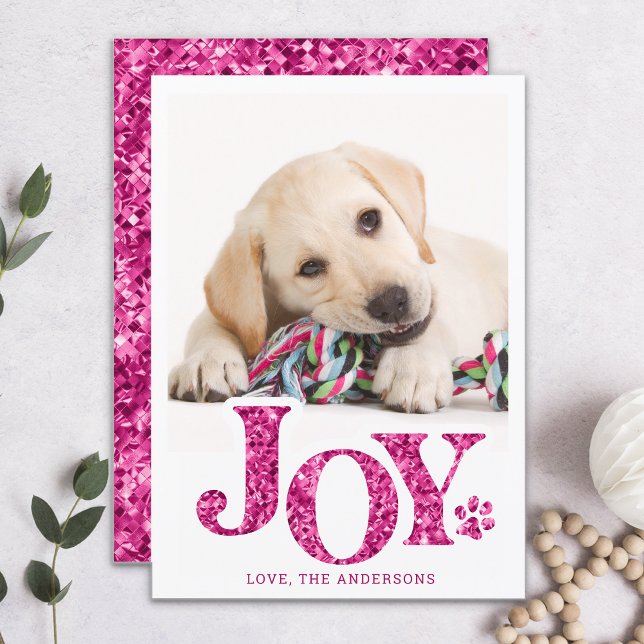JOY Personlig Pet Photo Rosa Paw Print Hund Julkort (Skapare uppladdad)