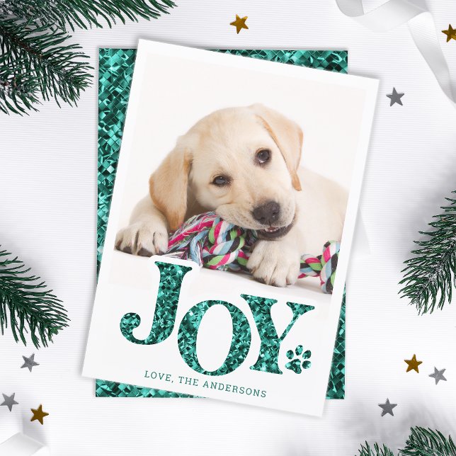 JOY Personlig Pet Photo Teal Paw Print Hund Julkort (Skapare uppladdad)