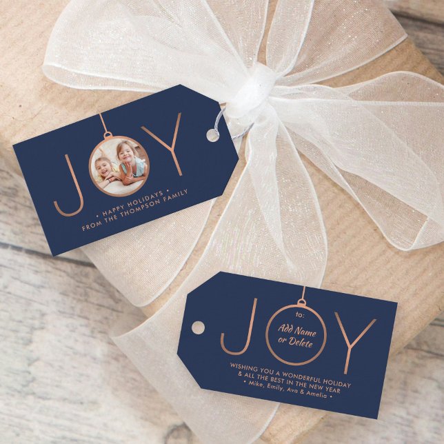 JOY Photo Navy Blue Copper Elegant Modern Helgdag Presentetikett (Skapare uppladdad)
