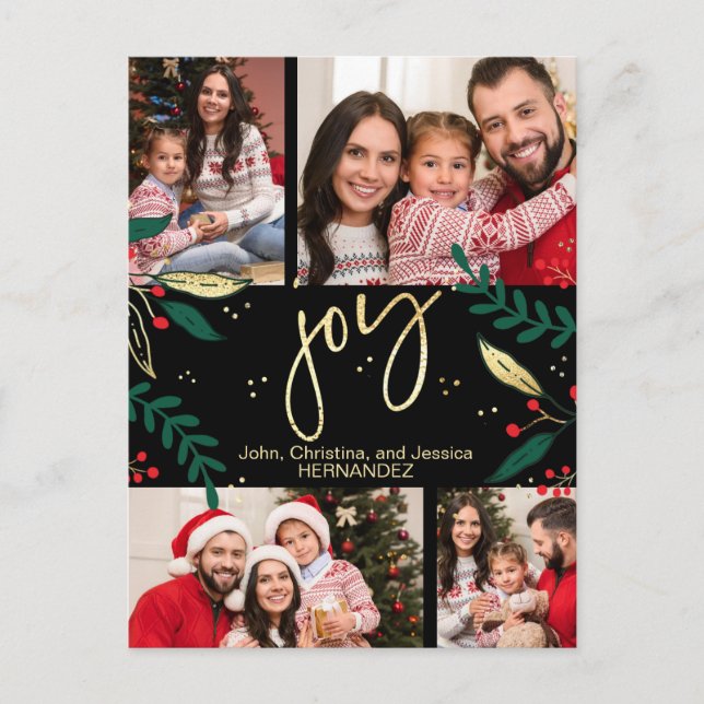 Joy Photo Red Guld jul Greenery Black Helg Vykort (Framsida)