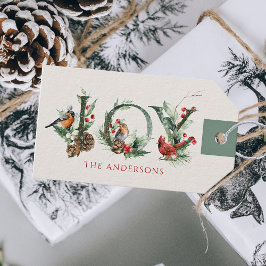 JOY Pine Cone Red Berry Birds Christmas Holiday Presentetikett