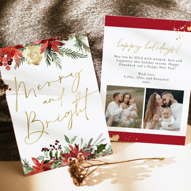 JOY Red Blommigt Poinsettia Guld Photo Helgdag Car Inbjudningar (Skapare uppladdad)