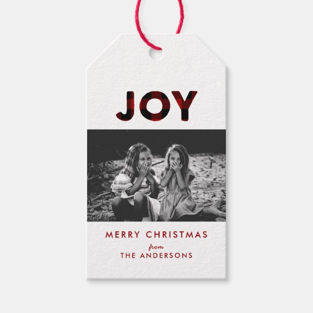 Joy Red Buffalo Play-julfotfoto Gift-Märkre Presentetikett (Framsidan)