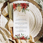 JOY Red Poinsettia och Gräs jul-menyn Meny<br><div class="desc">Julmiddagskortet innehåller blommigtar med vattenfärg och faux guld-folie. Redigera enkelt *de flesta formuleringar* för att uppfylla dina evenemangsbehov.</div>