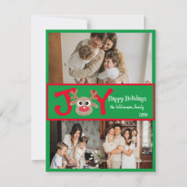 JOY Roligt Cute 3 Photo Tecknad Reindeer Red Grönt Julkort