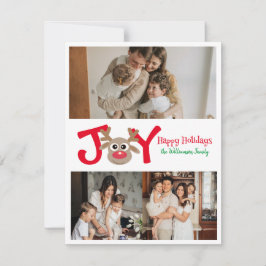 JOY Roligt Cute 3 Photo Tecknad Reindeer White Julkort