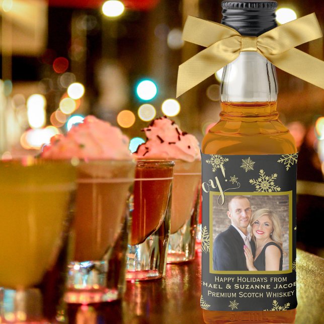 Joy! Roligt Golden Snöflingor med Photo Helgdag Mi Spritflaskor Etikett (In Situ with Bow)