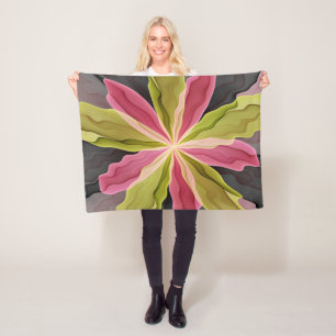 Joy, Rosa Grönt Anthracite Fantasy Flower Fractal Fleecefilt
