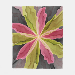 Joy, Rosa Grönt Anthracite Fantasy Flower Fractal Fleecefilt