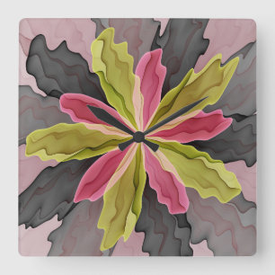 Joy, Rosa Grönt Anthracite Fantasy Flower Fractal Fyrkantig Klocka