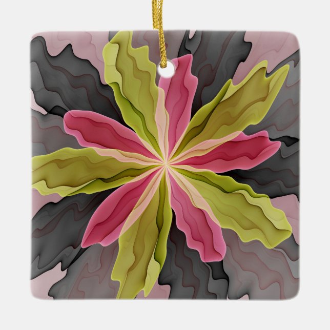 Joy, Rosa Grönt Anthracite Fantasy Flower Fractal Julgransprydnad Keramik (Framsida)
