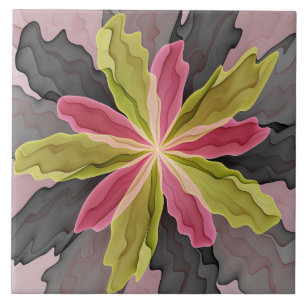 Joy, Rosa Grönt Anthracite Fantasy Flower Fractal Kakelplatta