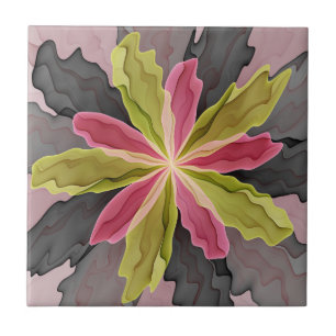 Joy, Rosa Grönt Anthracite Fantasy Flower Fractal Kakelplatta