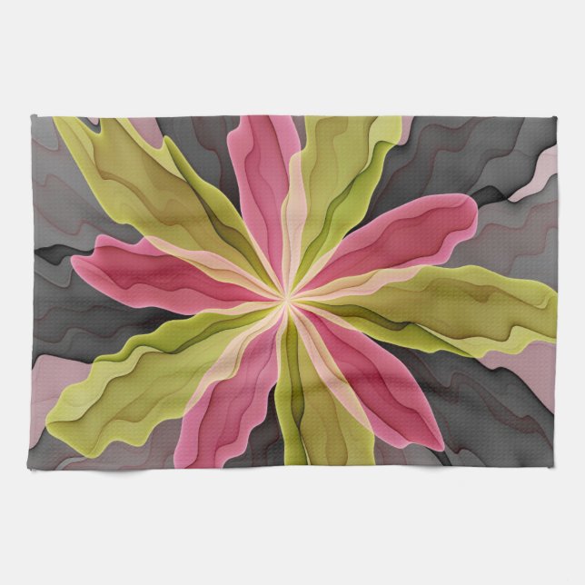 Joy, Rosa Grönt Anthracite Fantasy Flower Fractal Kökshandduk (Horisontell)