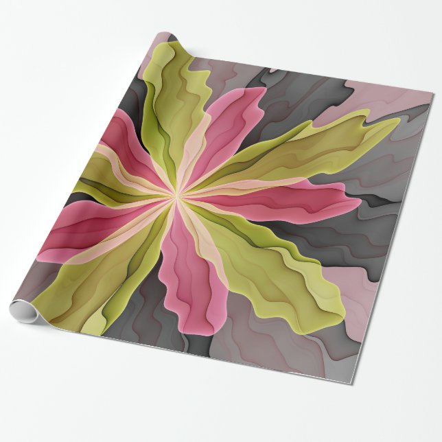 Joy, Rosa Grönt Anthracite Fantasy Flower Fractal Presentpapper (Utrullad)