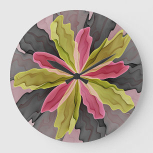 Joy, Rosa Grönt Anthracite Fantasy Flower Fractal Stor Klocka