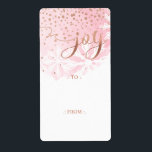 Joy | Rosa  Watercolor Ombre Tvättar Snöflingor Fraktsedel<br><div class="desc">Fira den magiska och festliga julhelgen med våra märkre för helgdag-dekaler. Vår moderna helgdag i elegant har en handmålad vattenfärgsmassa i rosa tvättar med frostiskt vitt snöflingor som bleknar ner i det vita snö grund. "Joy" är designat i faux guld med brev utökat och strömmande runt kant i märkrn för...</div>