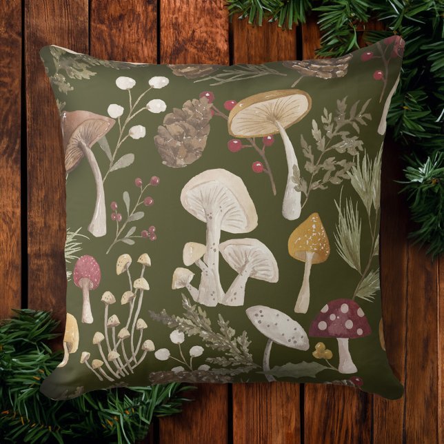 Joy Rustic Woodsy Watercolor Mushroom jul Kudde (Joy Rustic Woodsy Watercolor Mushroom Christmas Throw Pillow)
