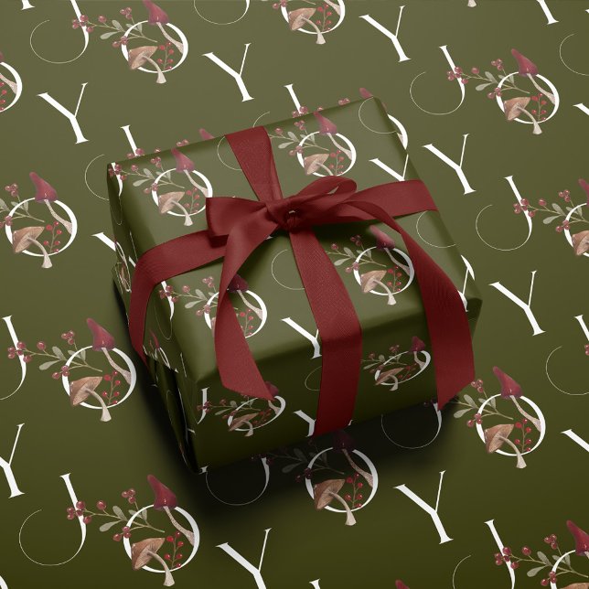 Joy Rustic Woodsy Watercolor Mushroom jul Presentpapper (Joy Rustic Woodsy Watercolor Mushroom Christmas Wrapping Paper)