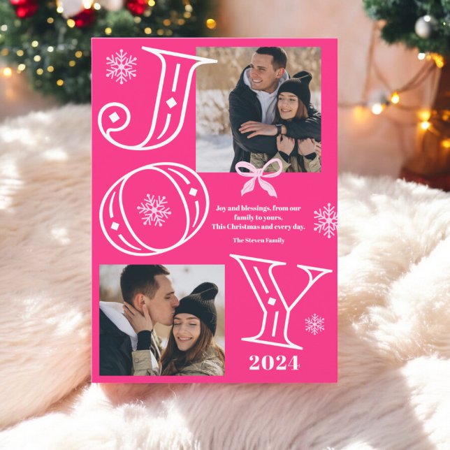 Joy script 2 foton snöflingor rosa jul julkort (Joy script 2 photos snowflakes neon pink Christmas Holiday Card)