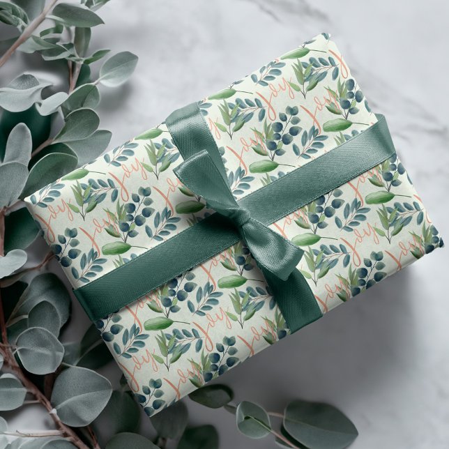 Joy Script Grönt Sage Blommigt Foliage Jul Presentpapper (Joy Script Green Sage Floral Foliage Christmas Wrapping Paper)