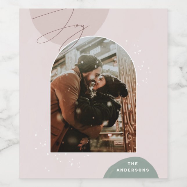 Joy Script Helgdag | Modern familjens julfoto Vinflaska Etikett (Singel etikett)