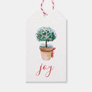 Joy Script Watercolor Jul Poted Topiary Presentetikett