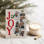JOY Snö Overlay 5 Photo Collage-jul Julkort<br><div class="desc">Skicka vänner och familj lite JOY den här julen med de här fem julklapparna för fotokollage-helgdagskort. Designen innehåller texten JOY i traditionell röd text,  med 5 (5) bilder som du väljer i en modern insta-kvadratmall,  sprit av hullvall med bär och ett snö-överlägg. Anpassa familjen namn och datum.</div>