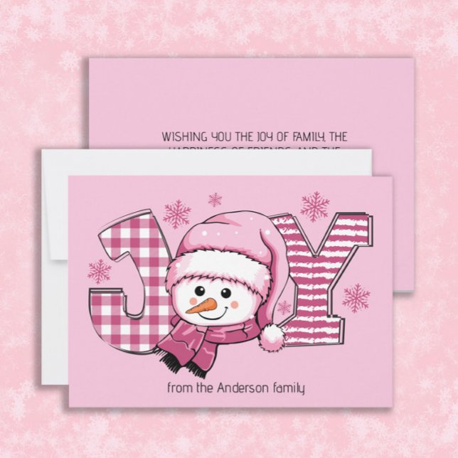 Joy Snögubbe Rosa White jul Julkort (Cute Christmas holiday snowman and snowflakes, "JOY" greeting card customized with your own text)